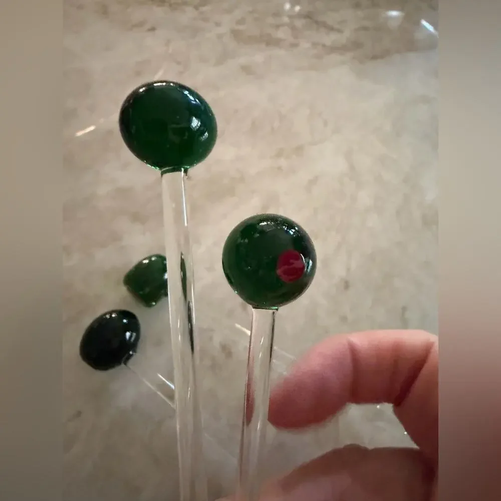 Green Olive Blown Glass Stir Sticks x4